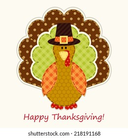 Cute Thanksgiving turkey as retro fabric applique in traditional colors ideal as Thanksgiving greeting card