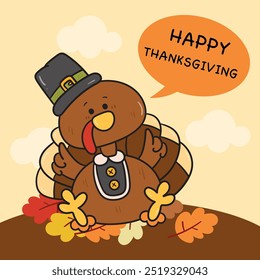 Cute thanksgiving turkey vector. Series: Kawaii animal (Bird cartoon) Harvest festival. Season Autumn baby fall kids. Perfect makes a wish for background and shirt design.