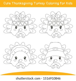 Cute Thanksgiving Turkeys coloring page for kids, cartoon vector. Cute turkey characters coloring for children