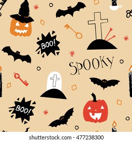 Cute thematic halloween seamless pattern. Spooky illustrations: pumpkin, ghost, cross, bats and other. Perfect for decoration and wrapping paper. Vector illustration