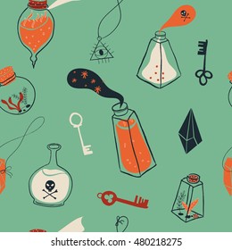 Cute thematic halloween seamless pattern. Spooky illustrations: keys, terrariums, poisons, crystals and other. Perfect for decoration and wrapping paper. Vector illustration