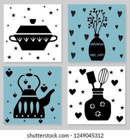 Cute theme premade poster cards wallpapers banners template design set. Collection of cute scandinavian kitchen interior decor. Vector eps 10