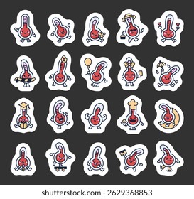 Cute thermometer character set showing different emotions and activities such as working, studying, celebrating, relaxing, cooking, sleeping, skating, eating, and enjoying everyday moments