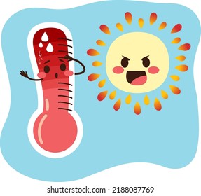 Cute thermometer melting and sweating by increase of temperature. Sun making hot rays. Global warming concept