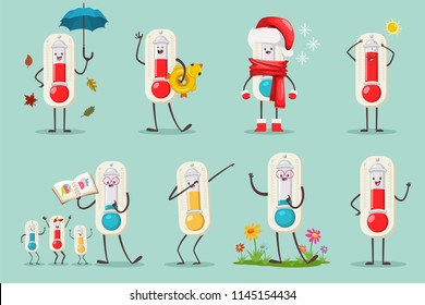 Cute Thermometer in Santa hat, inflatable duck ring, alphabet book and kids, umbrella and autumn leaves, flowers and dabbing pose. Vector cartoon flat temperature character set isolated on background.