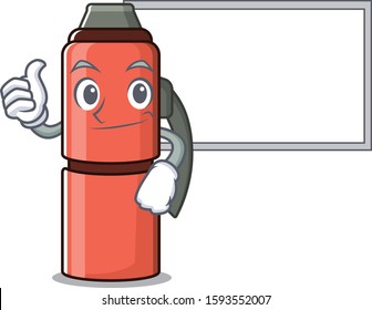 cute thermos bottle Scroll cartoon character Thumbs up with board