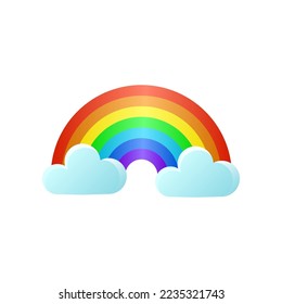 Cute thick rainbow arc with clouds sticker. Vector illustrations of childish colorful arc. Cartoon rainbow arc with clouds in sky isolated on white background. Weather, fairytale concept