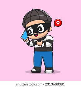 Cute Thief Calling by Phone Cartoon Vector Icon Illustration. People Technology Icon Concept Isolated Premium Vector. Flat Cartoon Style