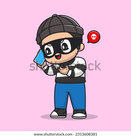 Cute Thief Calling by Phone Cartoon Vector Icon Illustration. People Technology Icon Concept Isolated Premium Vector. Flat Cartoon Style