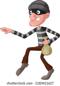 Cute thief cartoon carrying a bag of money