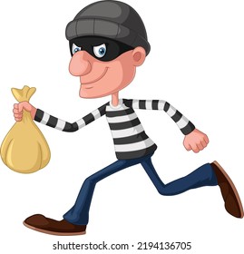 Cute thief cartoon carrying a bag of money