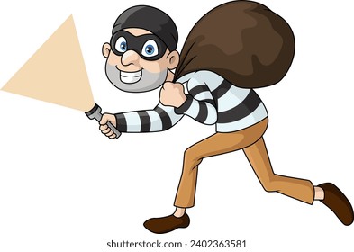 Cute thief cartoon walking and carrying a bag with flashlight