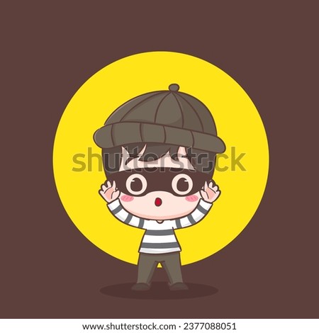 Cute thief caught hands up or give up cartoon character. Robber concept design isolated background. Adorable chibi vector art illustration.