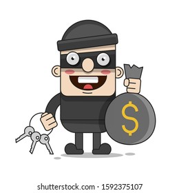 Cute Thief Character. Vector Cartoon Illustration. Bandit With Bag. Robber In Mask Suitable For Greeting Card, Poster Or T-shirt Printing.