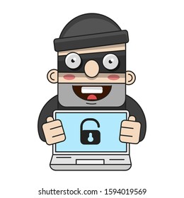 Cute Thief Character. Vector Cartoon Illustration. Bandit With Bag. Robber In Mask Suitable For Greeting Card, Poster Or T-shirt Printing.