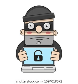 Cute Thief Character. Vector Cartoon Illustration. Bandit With Bag. Robber In Mask Suitable For Greeting Card, Poster Or T-shirt Printing.