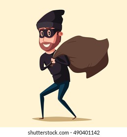 Cute thief character. Vector cartoon illustration. Bandit with bag. Robber in mask