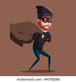 Cute thief character. Vector cartoon illustration. Bandit with bag. Funny person. Happy hacker. Robber in mask