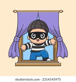 Cute Diief Enter Window Cartoon Vektorsymbol Illustration. People Finance Icon Concept Isolated Premium Vector. Flachbildkartonstil