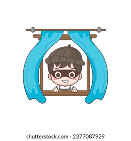 Cute thief enter the window cartoon character. Robber concept design isolated background. Adorable chibi vector art illustration.