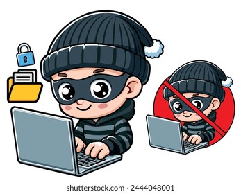 Lindo ladrón hacker operativo portátil dibujos animados Vector icono ilustración
