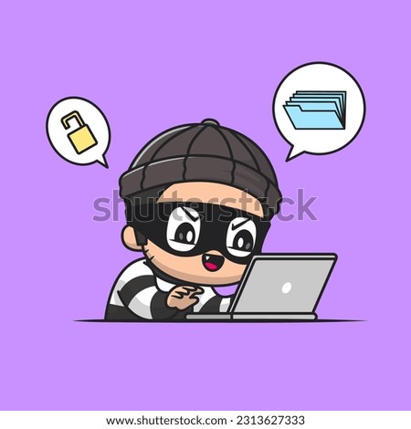 Cute Thief Hacker Operating Laptop Cartoon Vector Icon Illustration. People Technology Icon Concept Isolated Premium Vector. Flat Cartoon Style