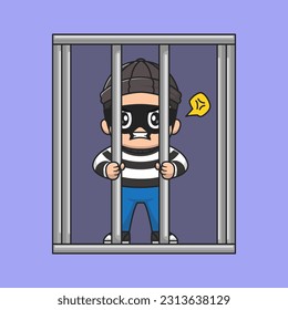 Cute thief In Jail Cell Cartoon Vector Icon Illustration. People Finance Icon Concept Isolated Premium Vector. Flat Cartoon Style
