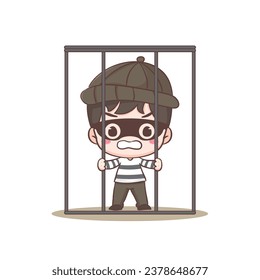 Cute thief in jail cell cartoon character. Robber concept design isolated background. Adorable chibi vector art illustration.