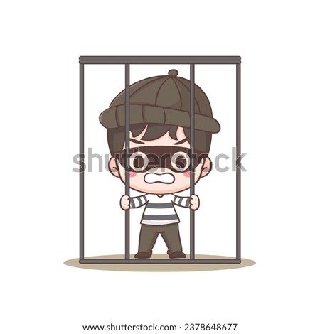 Cute thief in jail cell cartoon character. Robber concept design isolated background. Adorable chibi vector art illustration.