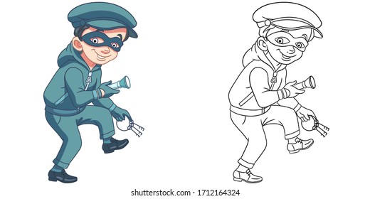 Cute Thief With Keys. Coloring Page And Colorful Clipart Character. Cartoon Design For T Shirt Print, Icon, Logo, Label, Patch Or Sticker. Vector Illustration.