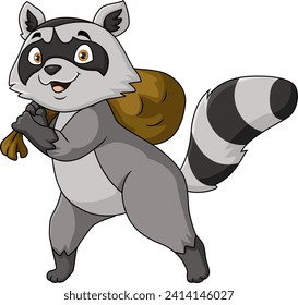 Cute thief raccoon cartoon with money bag