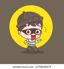 Cute thief run away cartoon character. Robber concept design isolated background. Adorable chibi vector art illustration.