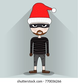 cute Thief with Santa Claus hat makes angry face, criminal pretend to be Santa, disguised criminal concept, illustration vector eps 10 