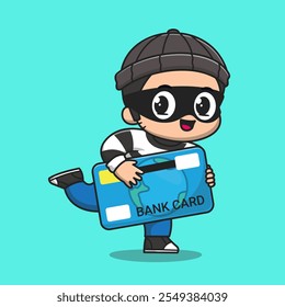 Cute Thief Steal Bank Card Cartoon Vector Icon Illustration. 
People Finance Icon Concept Isolated Premium Vector. Flat 
Cartoon Style 