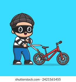 Cute Thief Steal Bicycle With Scissors Cartoon Vector Icon Illustration. People Transportation Icon Concept Isolated Premium Vector. Flat Cartoon Style