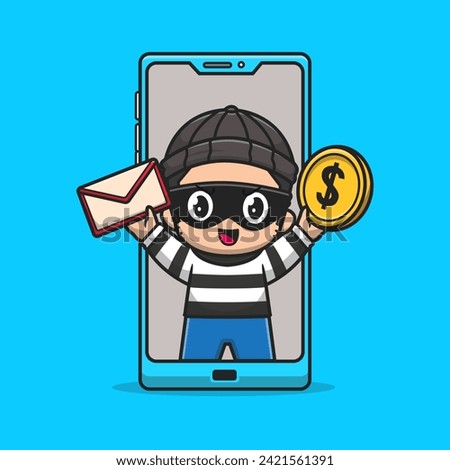 Cute Thief Steal Envelope and Gold Coin From Phone Cartoon Vector Icon Illustration. People Technology Icon Concept Isolated Premium Vector. Flat Cartoon Style