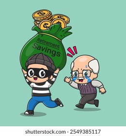 Cute Thief Steal Grandfather Money Bag Cartoon Vector Icon 
Illustration. People Finance Icon Concept Isolated Premium 
Vector. Flat Cartoon Style 