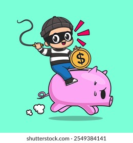 Cute Thief Steal Money From Piggy Bank Cartoon Vector Icon 
Illustration. People Animal Icon Concept Isolated Premium 
Vector. Flat Cartoon Style 
