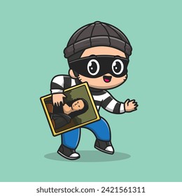 Cute Thief Steal Painting Cartoon Vector Icon Illustration. People Holiday Icon Concept Isolated Premium Vector. Flat Cartoon Style