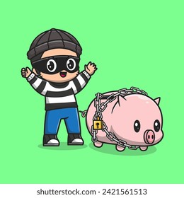 Cute Thief Steal Pig With Padlock and Chain Cartoon Vector Icon Illustration. People Animal Icon Concept Isolated Premium Vector. Flat Cartoon Style