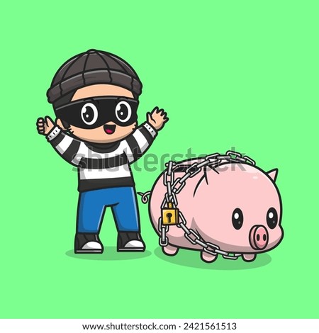 Cute Thief Steal Pig With Padlock and Chain Cartoon Vector Icon Illustration. People Animal Icon Concept Isolated Premium Vector. Flat Cartoon Style