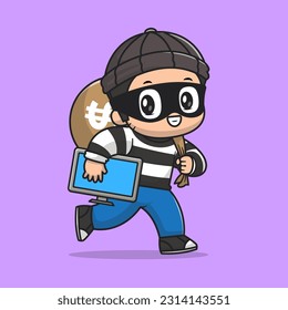 Ilustración Del Icono Del Vector De Caricaturas De Dinero Y De Computadora De Robo De Cuto. Vector Premium Aislado De Concepto De Icono Comercial De Personas. Estilo de dibujo plano