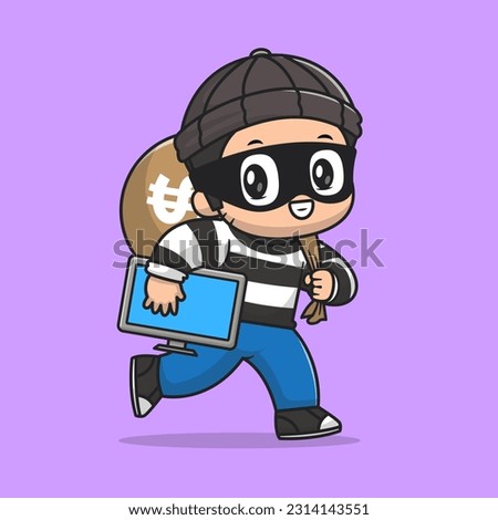 Cute Thief Stealing Computer And Money Cartoon Vector Icon Illustration. People Business Icon Concept Isolated Premium Vector. Flat Cartoon Style