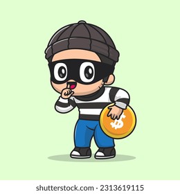 Cute Thief Stealing Gold Coin Cartoon Vector Icon Illustration. People Finance Icon Concept Isolated Premium Vector. Flat Cartoon Style