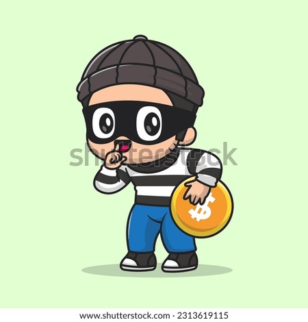 Cute Thief Stealing Gold Coin Cartoon Vector Icon Illustration. People Finance Icon Concept Isolated Premium Vector. Flat Cartoon Style