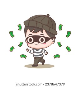 Cute thief stealing money cartoon character. Robber concept design isolated background. Adorable chibi vector art illustration.