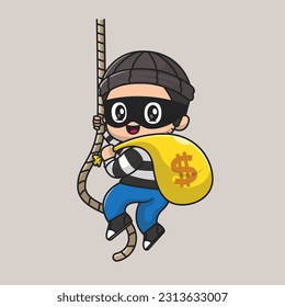 Cute Thief Stealing Money Using Rope Cartoon Vector Icon Illustration. People Finance Icon Concept Isolated Premium Vector. Flat Cartoon Style