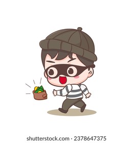 Cute thief stealing money and wallet cartoon character. Robber concept design isolated background. Adorable chibi vector art illustration.