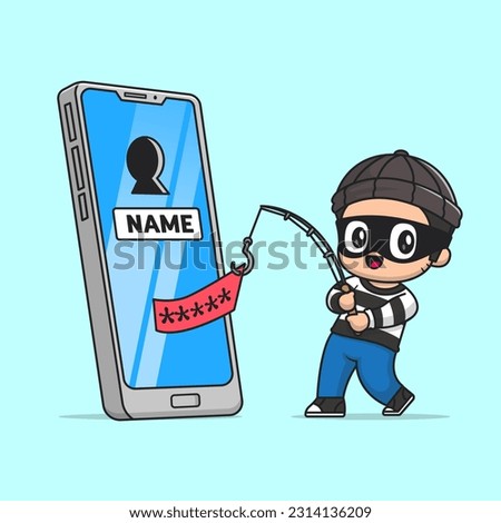 Cute Thief Stealing Password From Phone With Fishing Rod Cartoon Vector Icon Illustration. People Technology Icon Concept Isolated Premium Vector. Flat Cartoon Style
