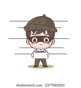 Cute thief suspect holding board cartoon character. Robber concept design isolated background. Adorable chibi vector art illustration.